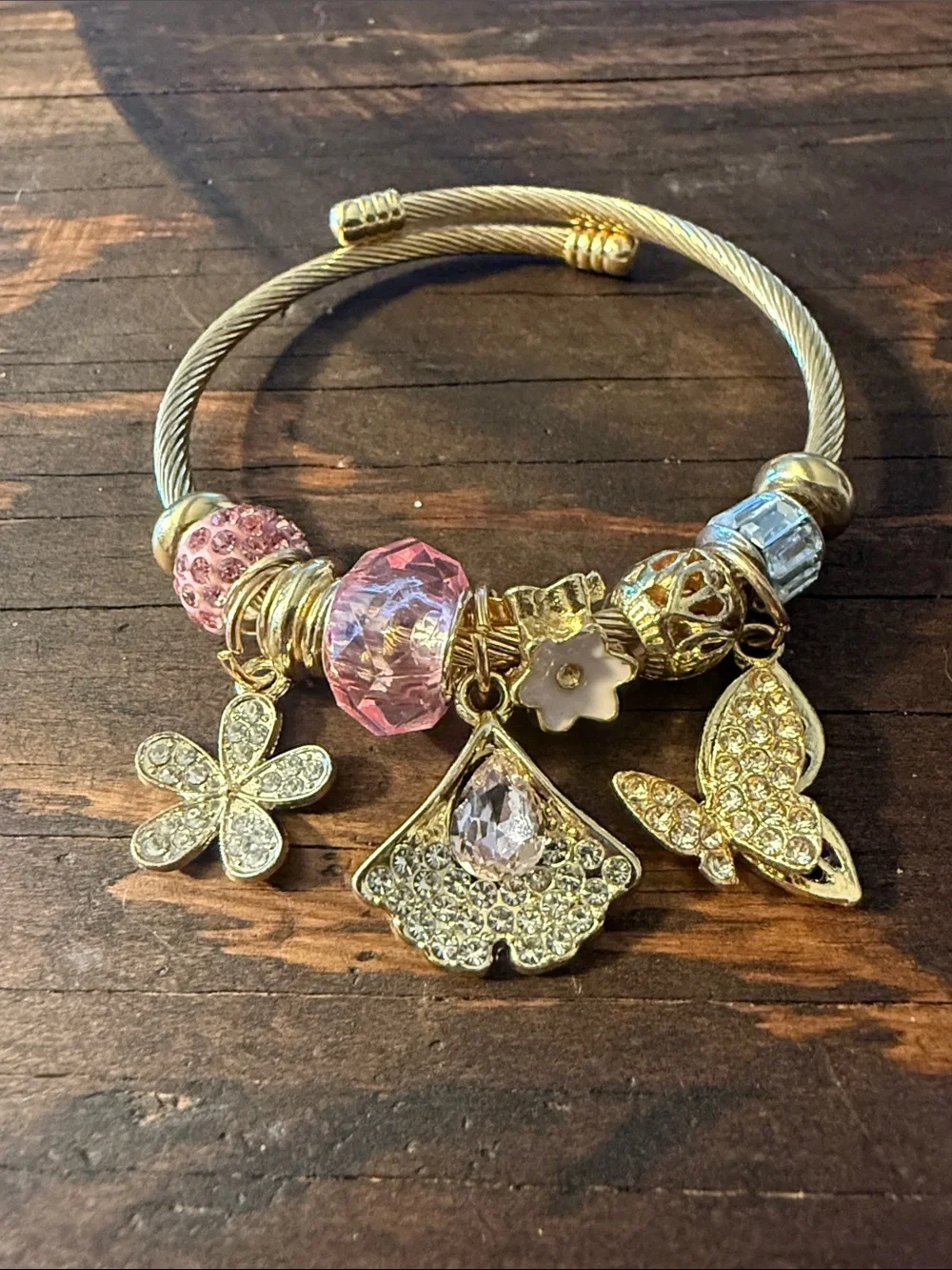 Gold Plated Charm Bracelet With Pink Gems & Charms Flower butterfly